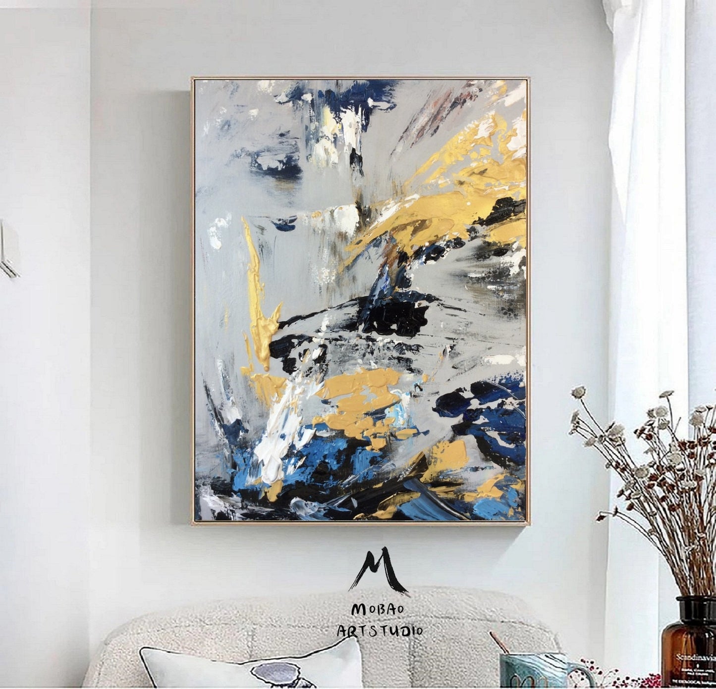 Large Gold Painting Abstract Art, Extra Large Painting On Canvas,Blue Abstract Painting Gray Painting, Contemporary Art Modern Oil Painting