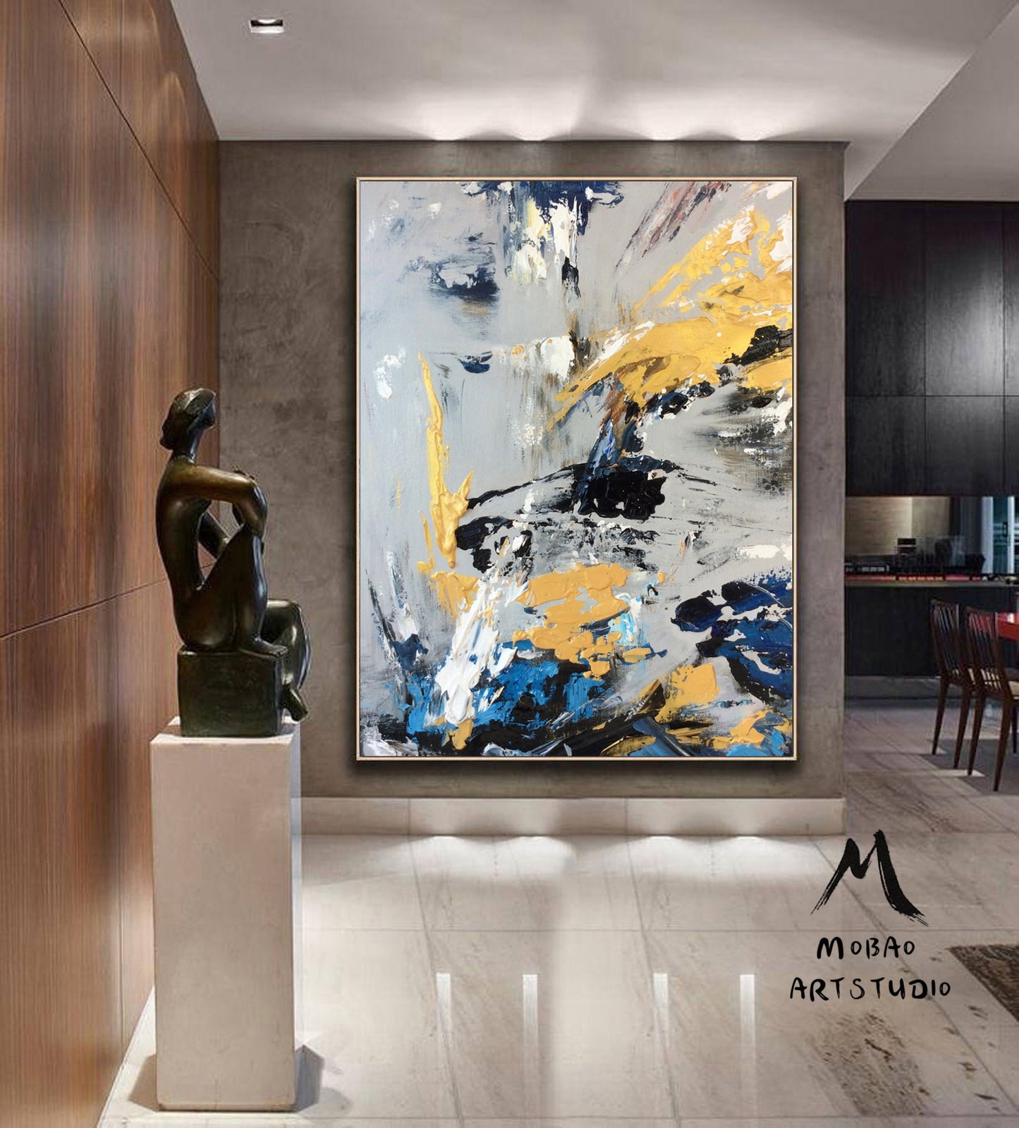 Large Gold Painting Abstract Art, Extra Large Painting On Canvas,Blue Abstract Painting Gray Painting, Contemporary Art Modern Oil Painting