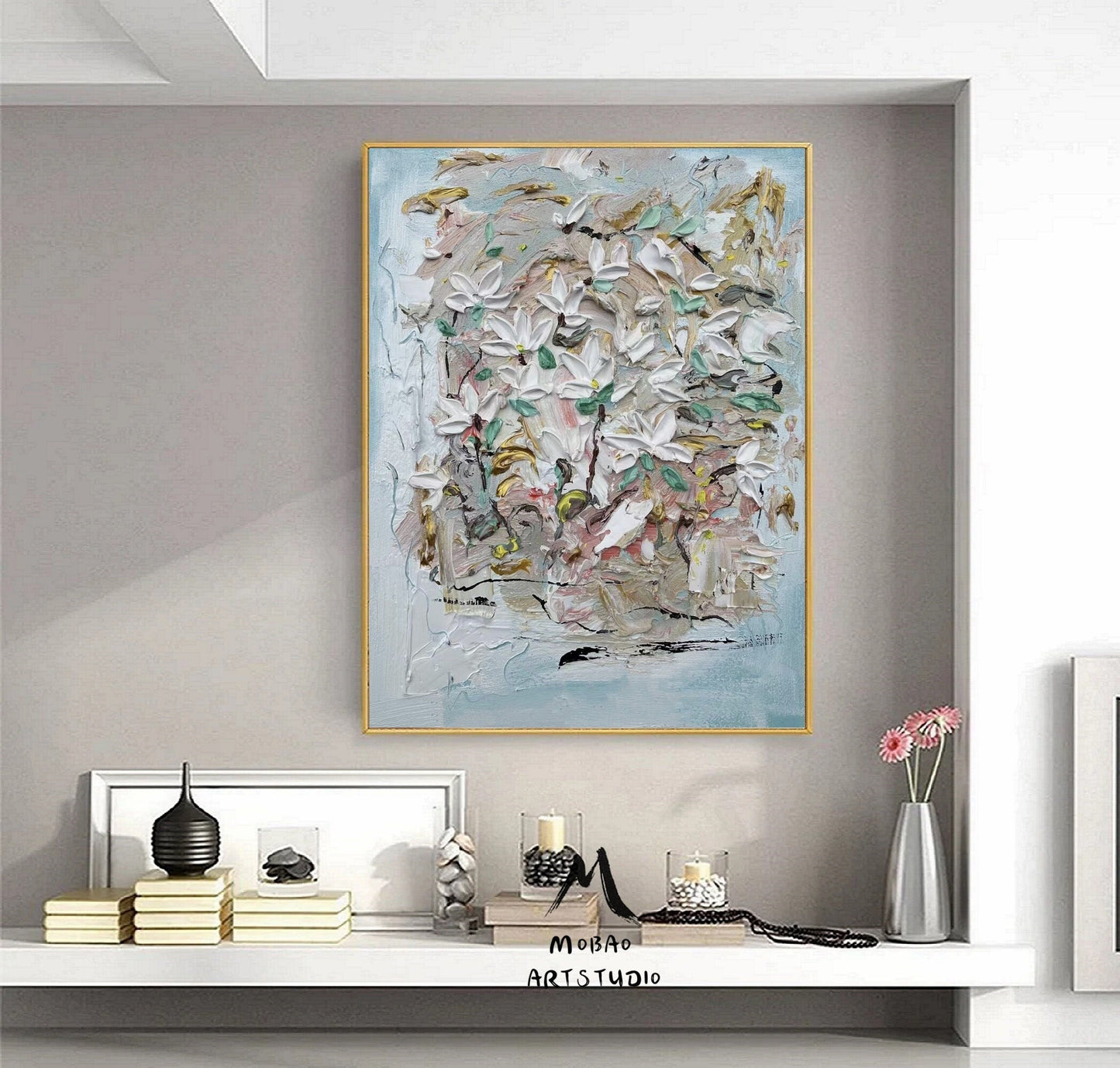 White Flower Painting Heavy Texture Painting Flower Wall Art Original Flower Abstract Painting Green Canvas Art Flower Paintings on Canvas