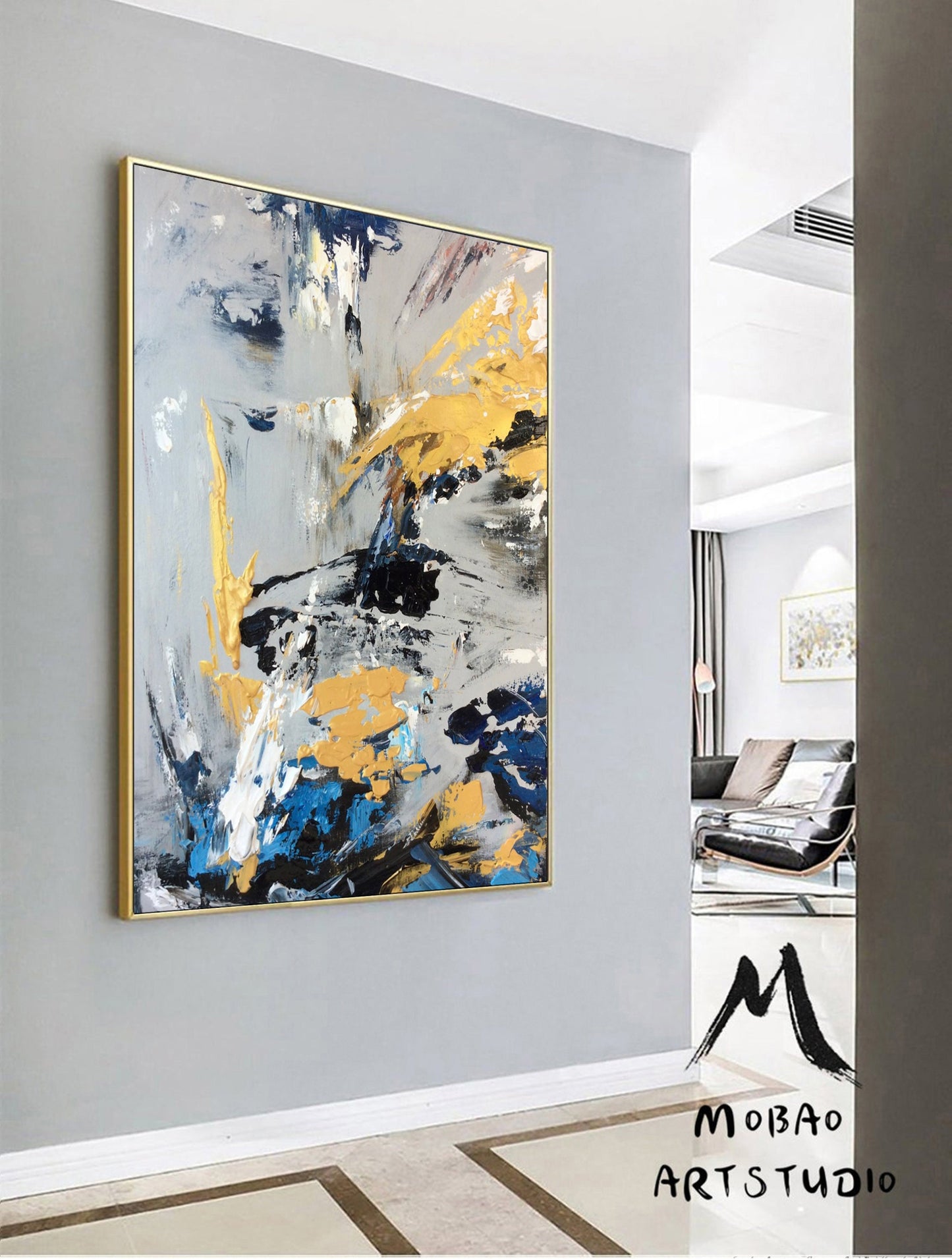 Large Gold Painting Abstract Art, Extra Large Painting On Canvas,Blue Abstract Painting Gray Painting, Contemporary Art Modern Oil Painting