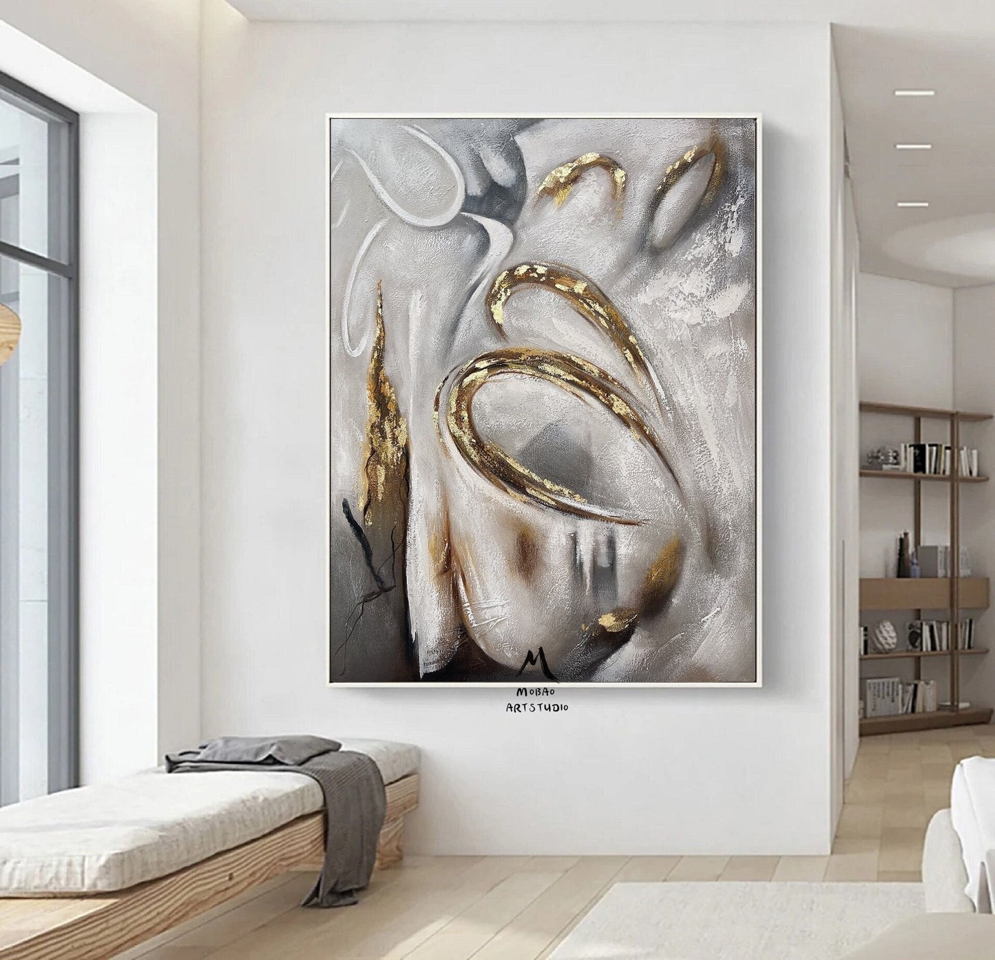 Large Gold Abstract Art Boho Wall Art Gray Minimalist Art Gold Abstract Painting Extra Large Wall Art Gray Art Painting Living Room Wall Art