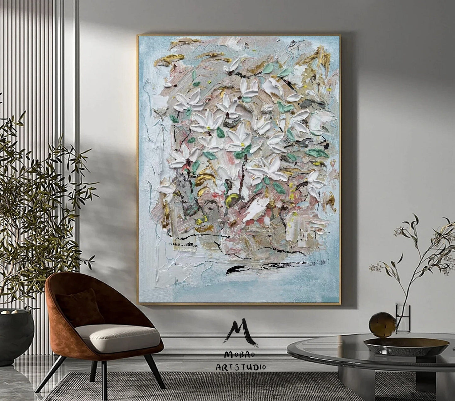 White Flower Painting Heavy Texture Painting Flower Wall Art Original Flower Abstract Painting Green Canvas Art Flower Paintings on Canvas