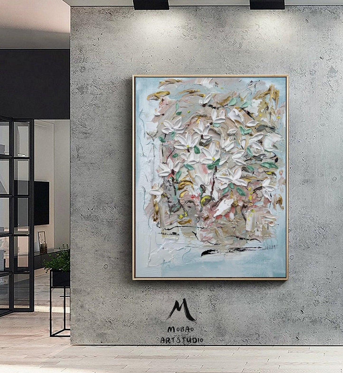 White Flower Painting Heavy Texture Painting Flower Wall Art Original Flower Abstract Painting Green Canvas Art Flower Paintings on Canvas