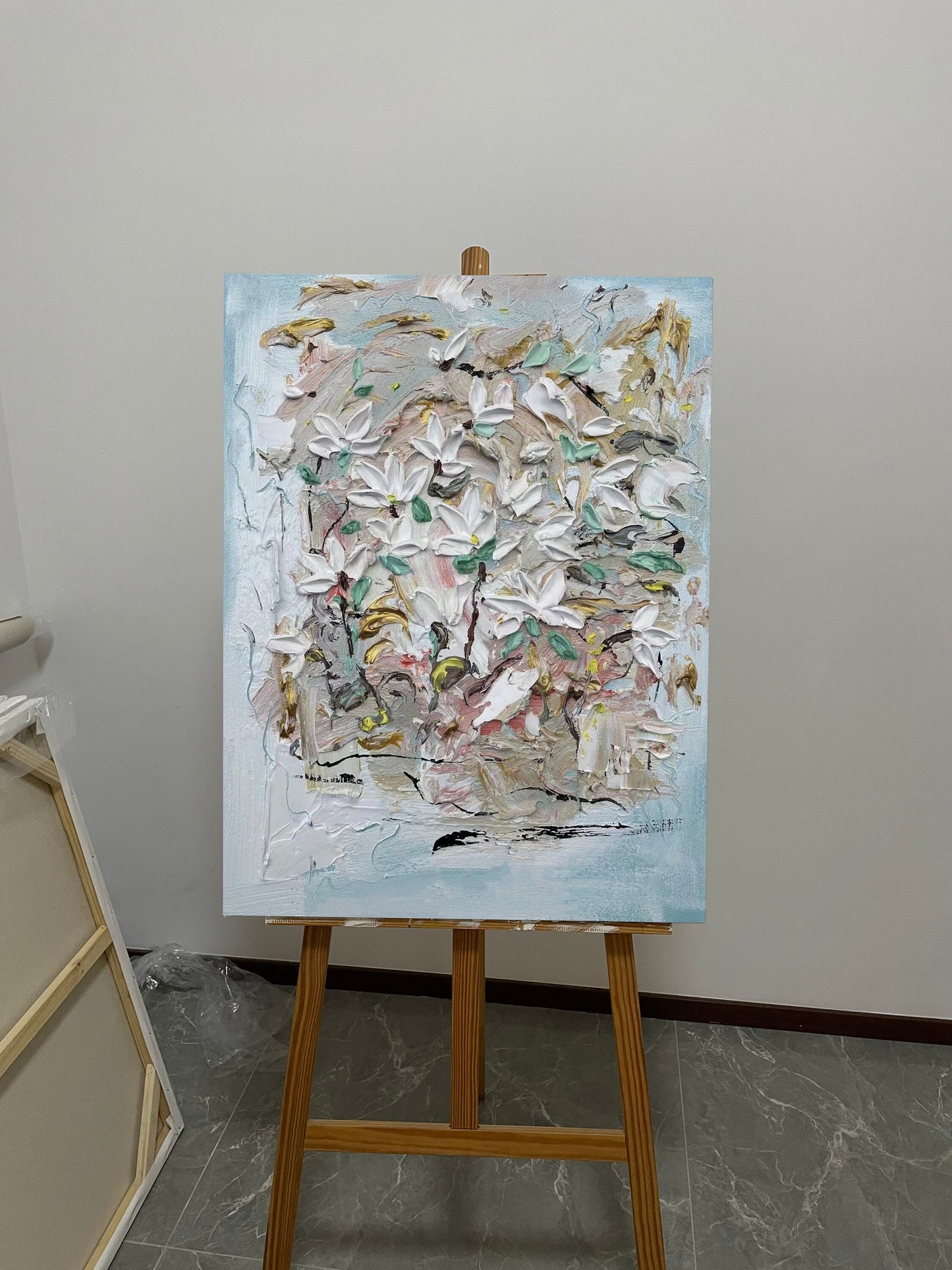 White Flower Painting Heavy Texture Painting Flower Wall Art Original Flower Abstract Painting Green Canvas Art Flower Paintings on Canvas