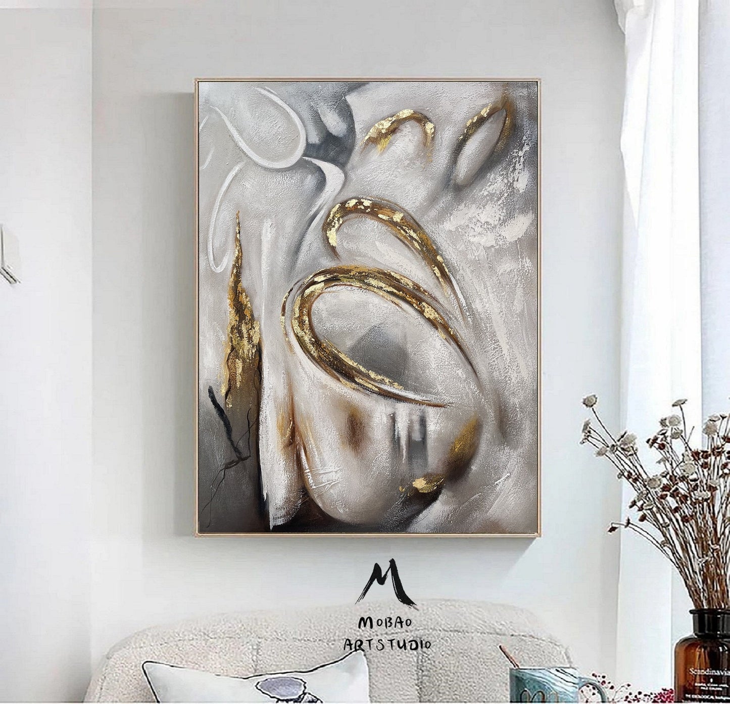 Large Gold Abstract Art Boho Wall Art Gray Minimalist Art Gold Abstract Painting Extra Large Wall Art Gray Art Painting Living Room Wall Art