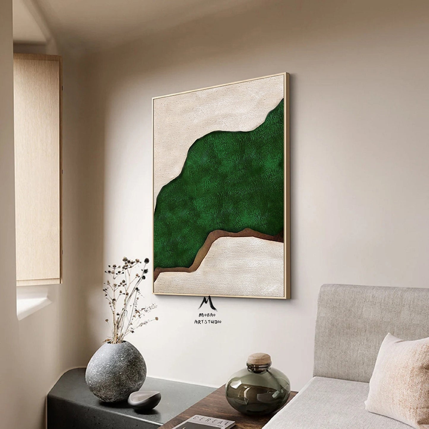Green Abstract Painting Boho Wall Art Green Wall Canvas Art Beige Painting Wabi Sabi Wall Art Green Minimalist Art Beige Minimalist Painting