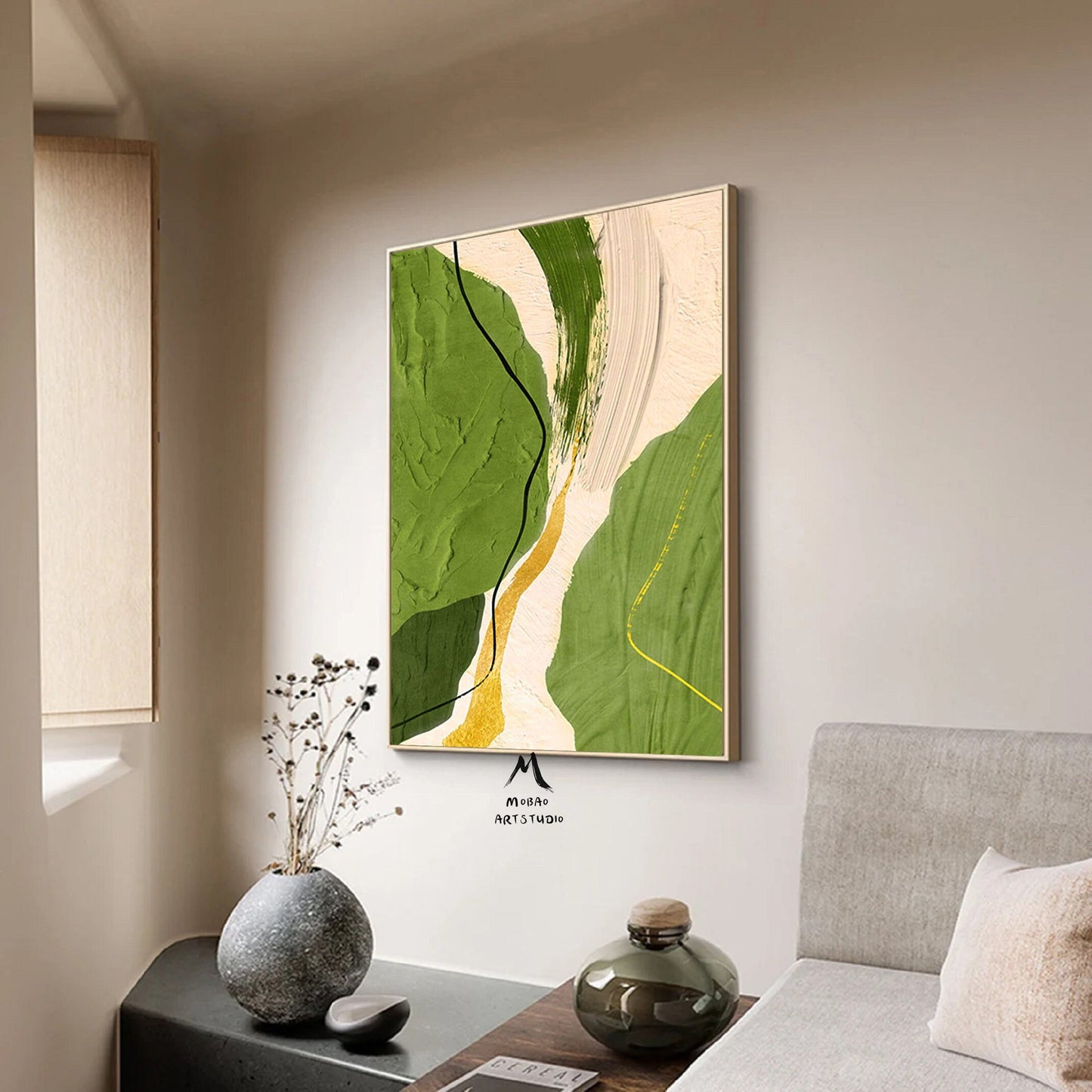 Green Abstract Painting Beige Painting Boho Wall Art Green Minimalist Canvas Art Wabi Sabi Wall Art Beige Minimalist Painting Green Wall Art