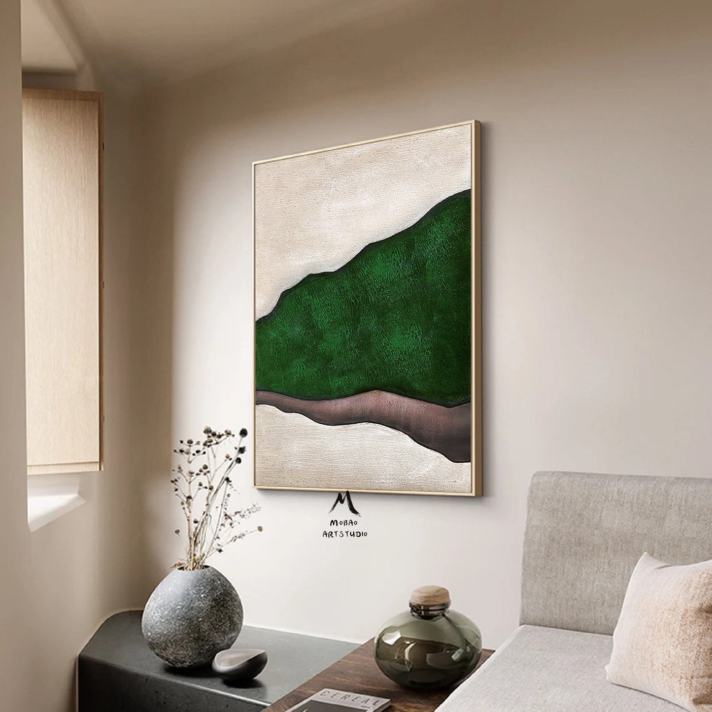 Green Minimalist Art Boho Wall Art Green Abstract Painting Beige Minimalist Painting Wabi Sabi Wall Art Green Wall Art Beige Canvas Painting