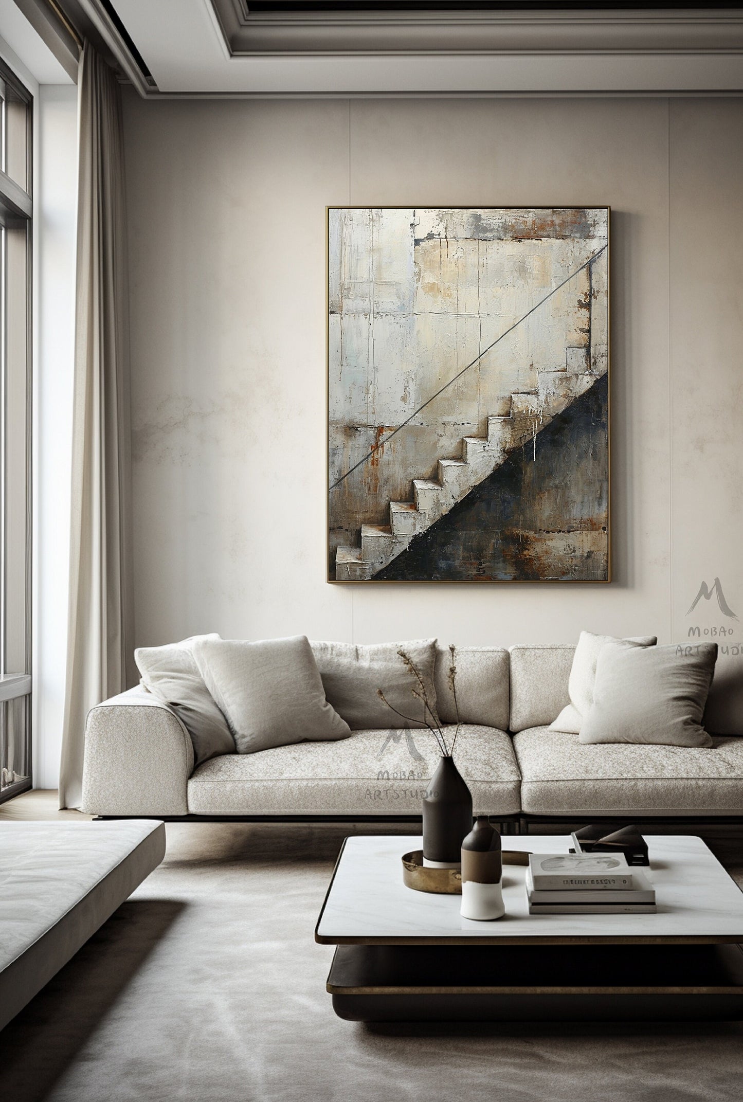 Boho Wall Art Gray Canvas Painting Beige Abstract Painting Neutral Canvas Art Wabi Sabi Wall Art Brown Abstract Art Beige Wall Art #Treppe-2