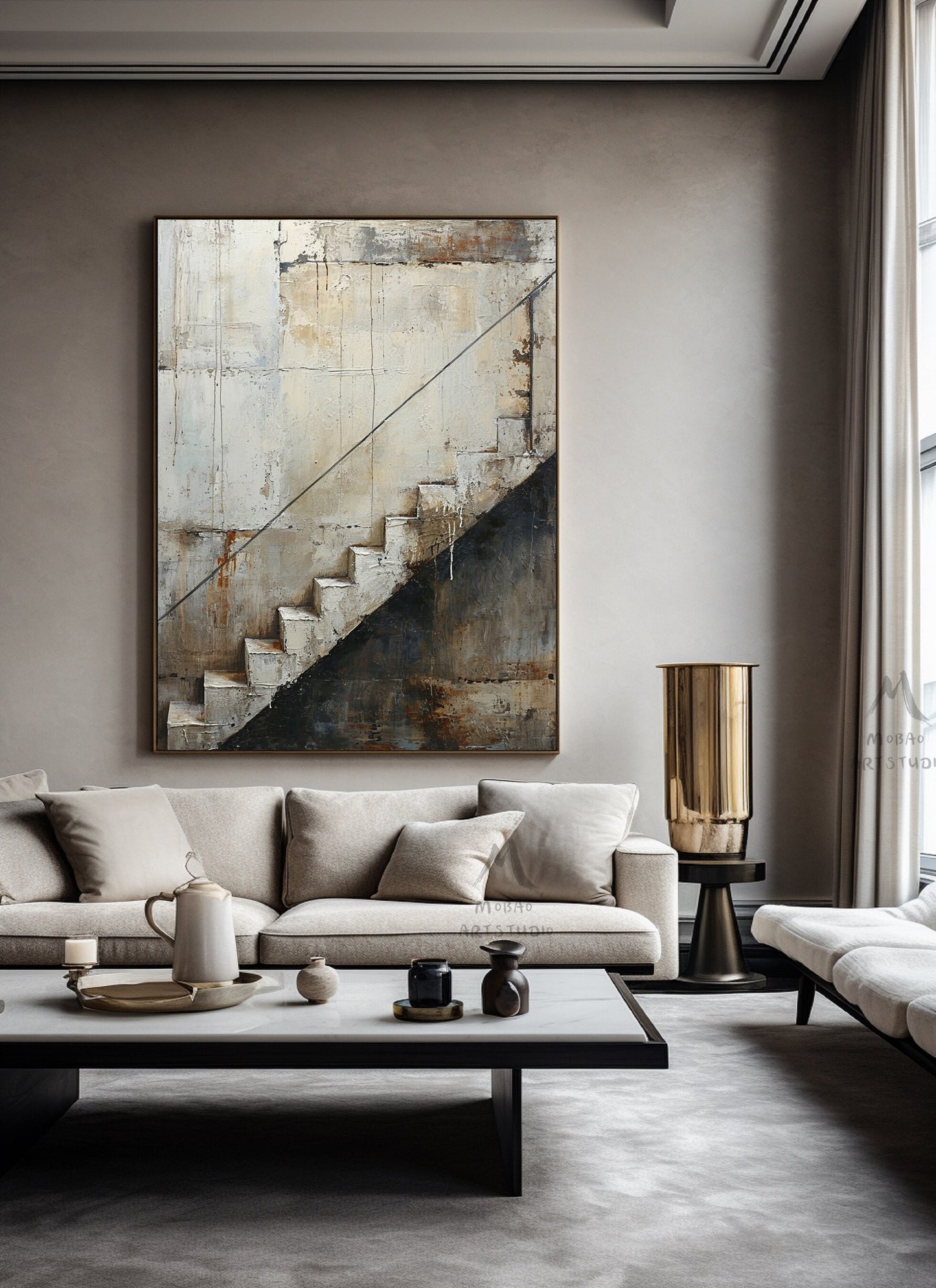 Boho Wall Art Gray Canvas Painting Beige Abstract Painting Neutral Canvas Art Wabi Sabi Wall Art Brown Abstract Art Beige Wall Art #Treppe-2
