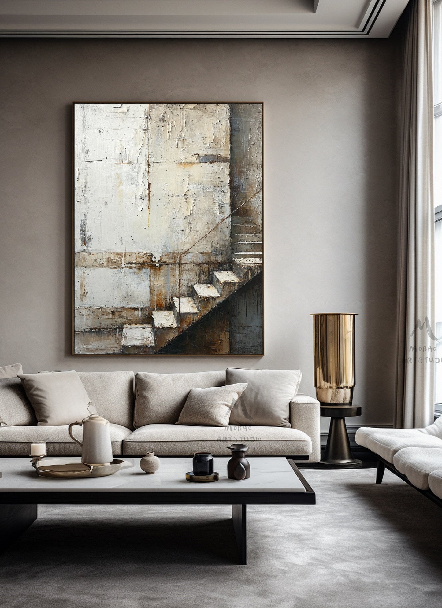 Boho Wall Art Gray Canvas Art Beige Abstract Painting Neutral Canvas Painting Wabi Sabi Wall Art Brown Abstract Art Beige Wall Art #Treppe-1