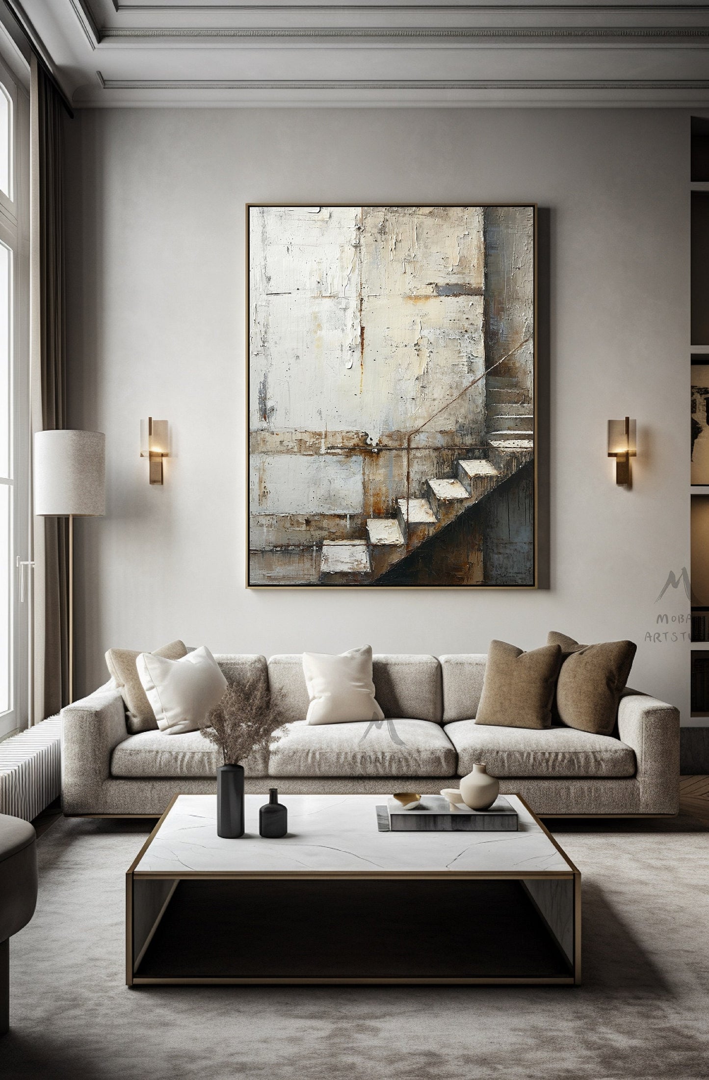 Boho Wall Art Gray Canvas Art Beige Abstract Painting Neutral Canvas Painting Wabi Sabi Wall Art Brown Abstract Art Beige Wall Art #Treppe-1