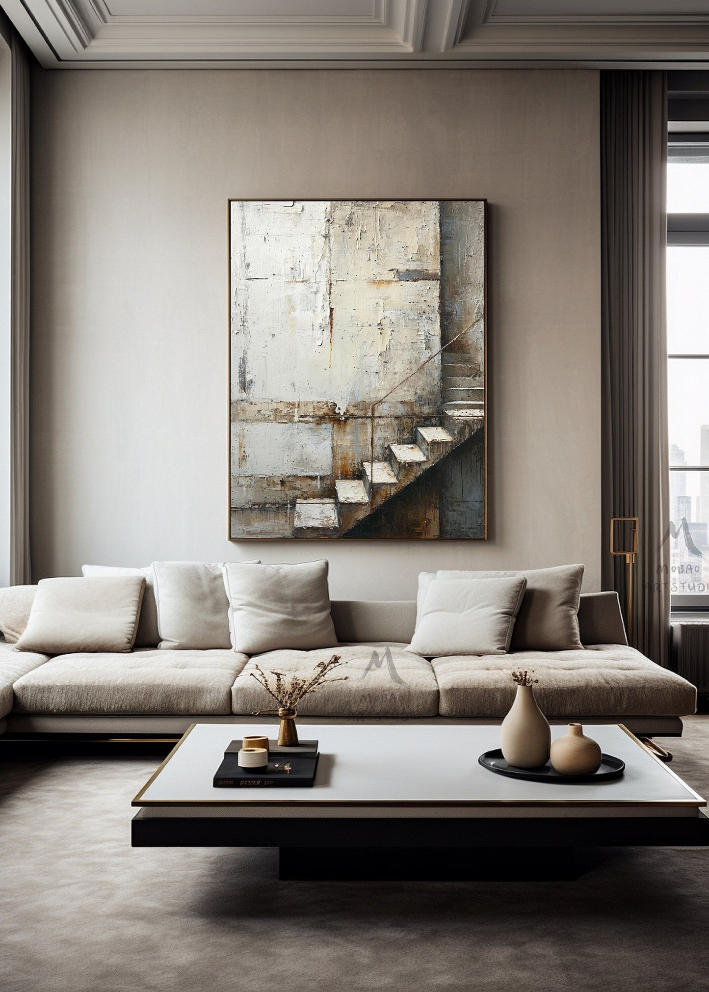 Boho Wall Art Gray Canvas Art Beige Abstract Painting Neutral Canvas Painting Wabi Sabi Wall Art Brown Abstract Art Beige Wall Art #Treppe-1