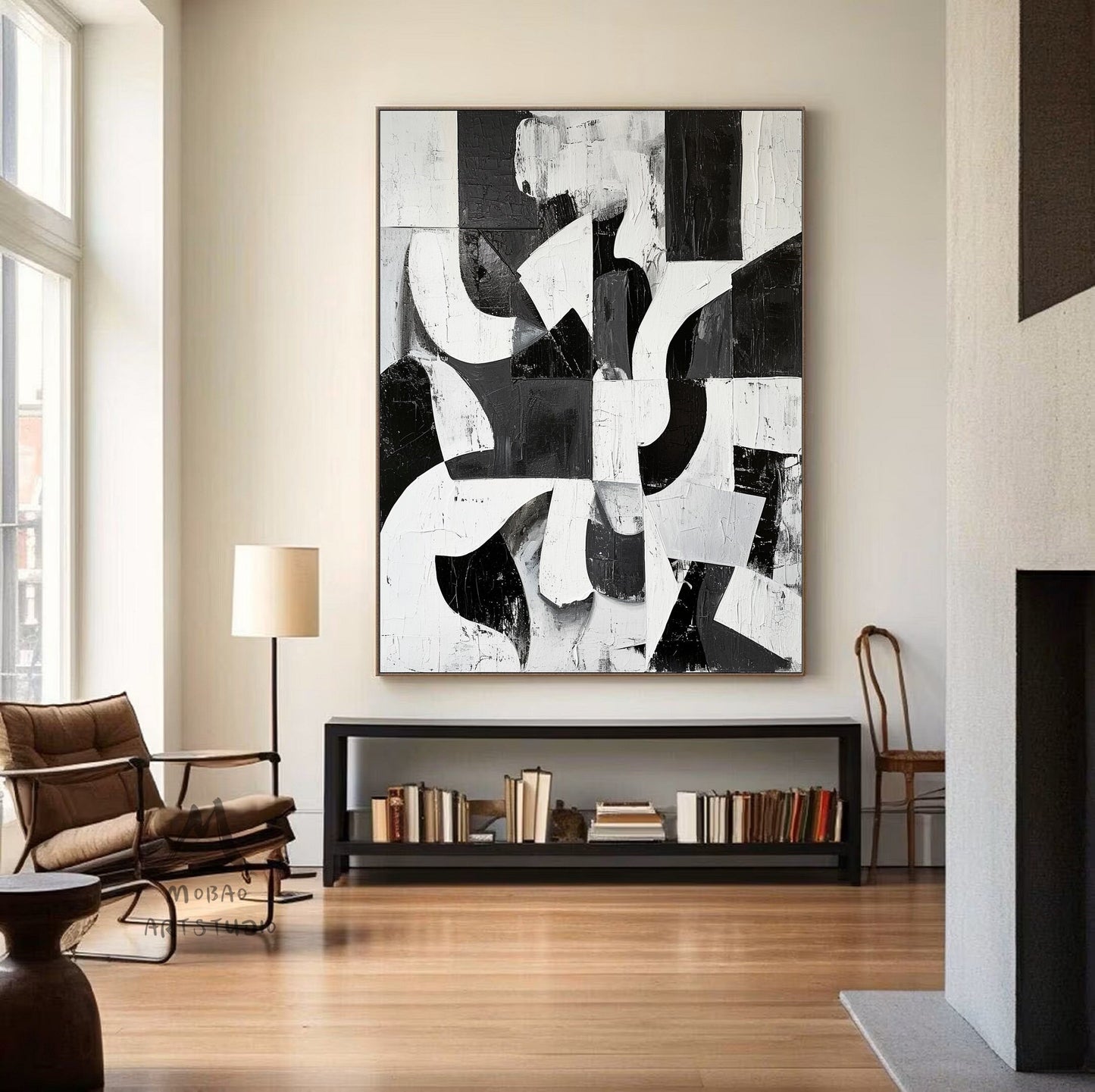Large Black Wall Art Black And White Abstract Minimal Painting on Canvas Modern Textured Wall Art Contemporary Abstract Art for Living Room