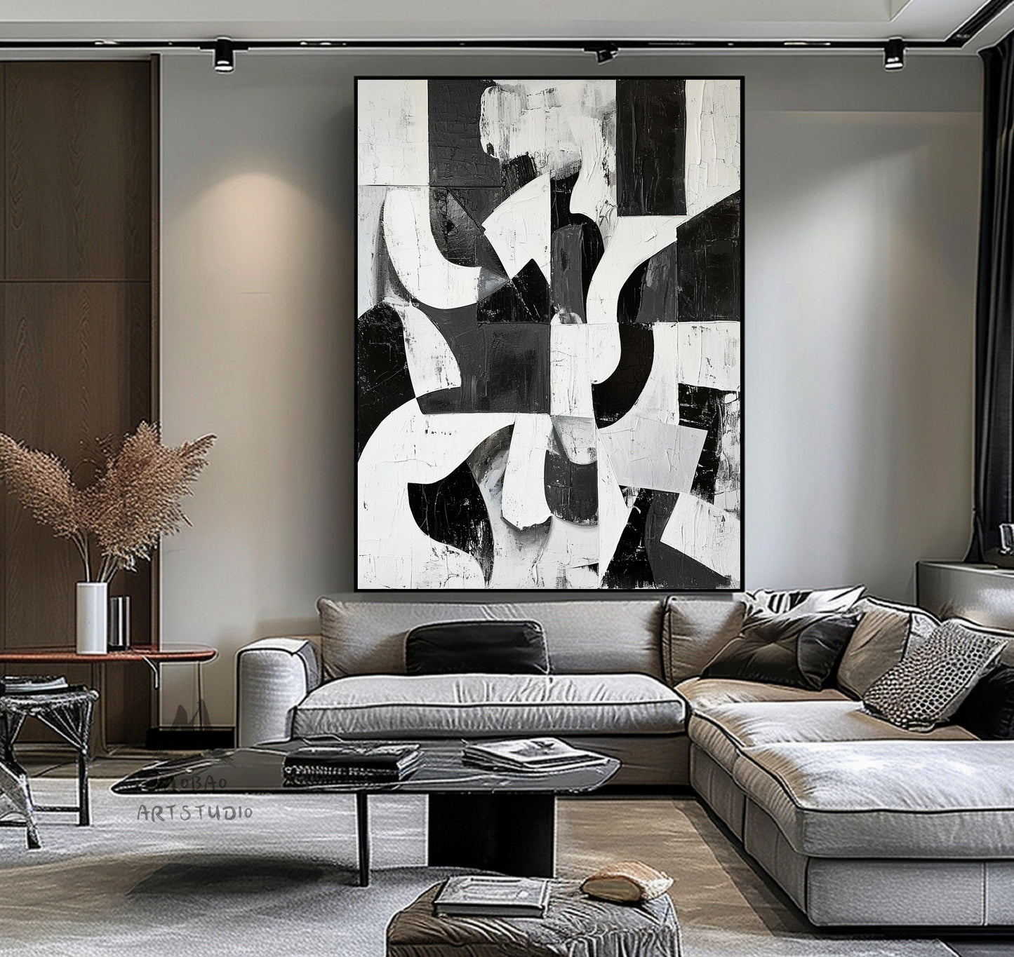 Large Black Wall Art Black And White Abstract Minimal Painting on Canvas Modern Textured Wall Art Contemporary Abstract Art for Living Room