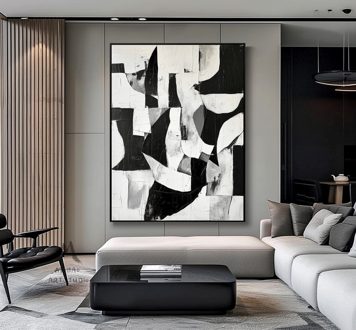 Black And White Abstract Minimal Painting on Canvas White Textured Wall Art Large Black Wall Art Contemporary Abstract Art for Living Room