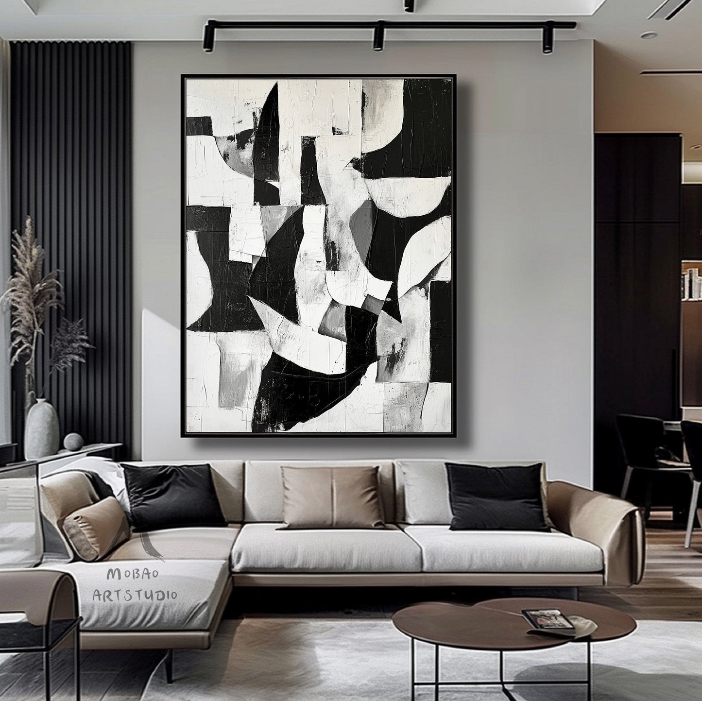 Black And White Abstract Minimal Painting on Canvas White Textured Wall Art Large Black Wall Art Contemporary Abstract Art for Living Room