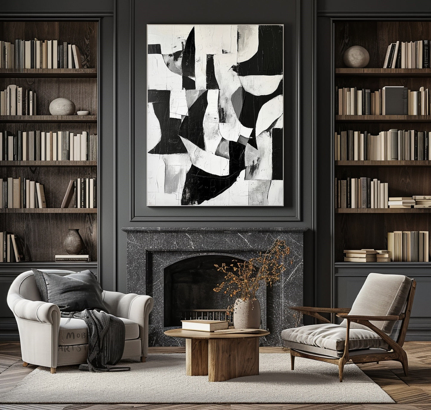 Black And White Abstract Minimal Painting on Canvas White Textured Wall Art Large Black Wall Art Contemporary Abstract Art for Living Room