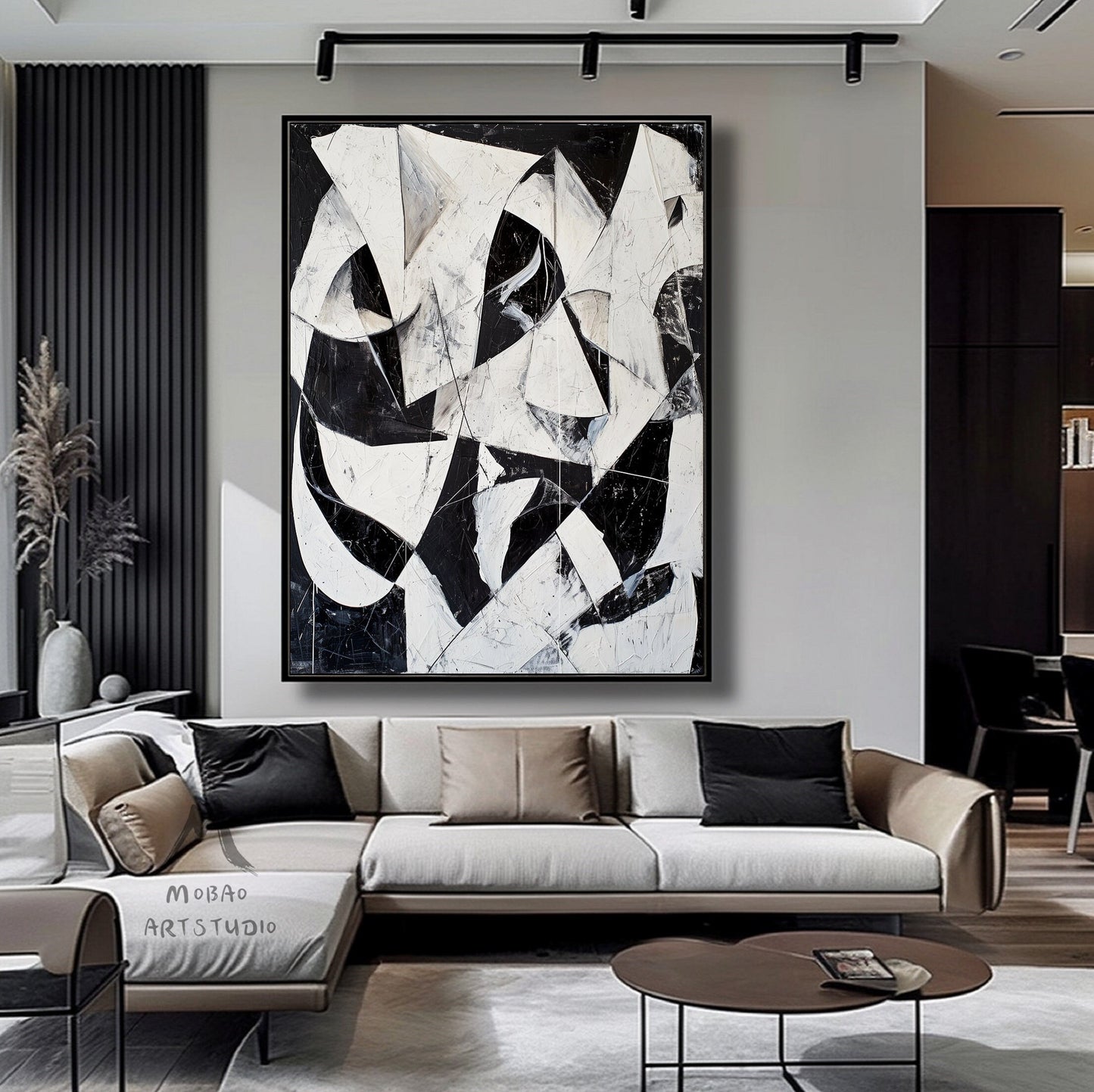 White Textured Wall Art Black And White Abstract Minimal Painting on Canvas Large Black Wall Art Contemporary Abstract Art for Living Room