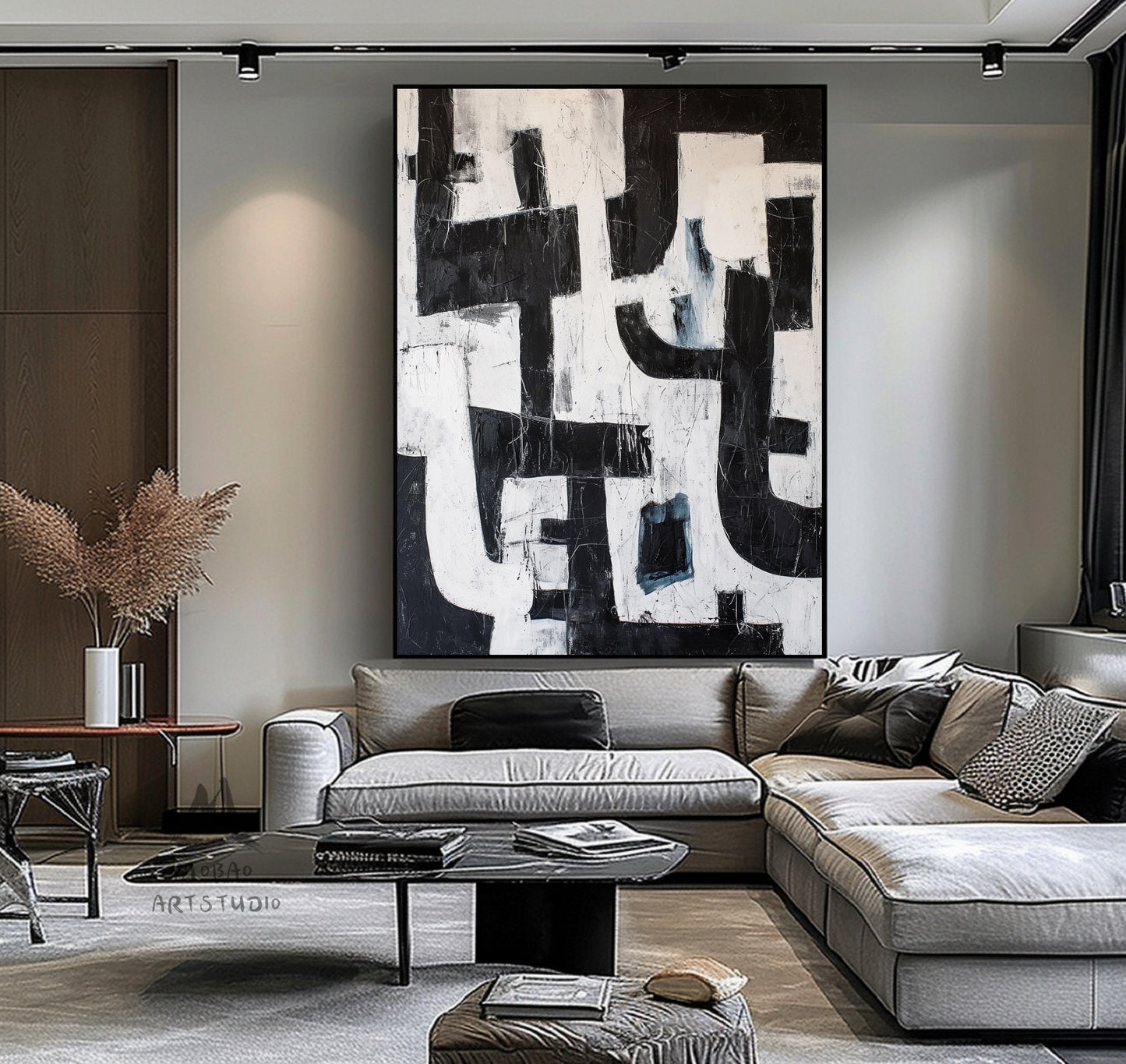 Black White Abstract Painting Black Wabi Sabi Wall Art Large Black Minimalist Wall Art Beige Textured Canvas Painting Black Wall Art Decor