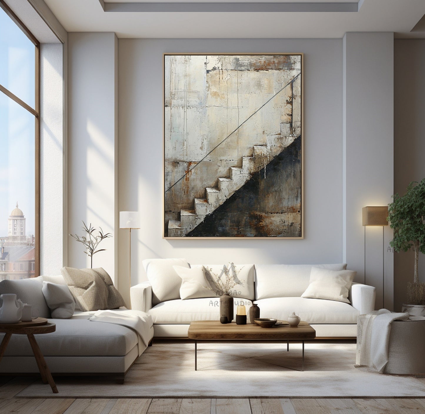 Boho Wall Art Gray Canvas Painting Beige Abstract Painting Neutral Canvas Art Wabi Sabi Wall Art Brown Abstract Art Beige Wall Art #Treppe-2