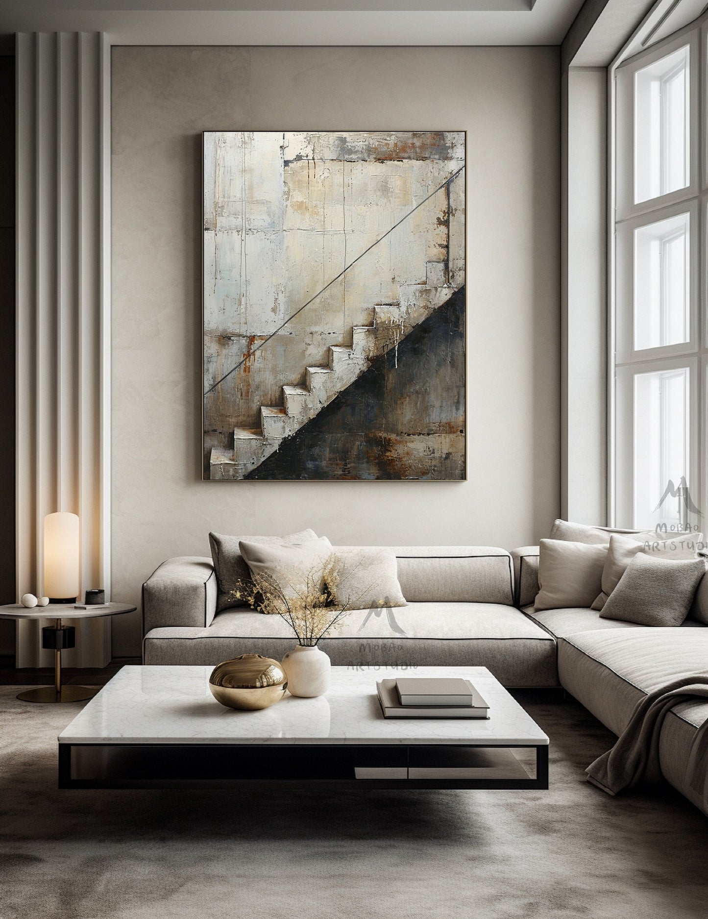 Boho Wall Art Gray Canvas Painting Beige Abstract Painting Neutral Canvas Art Wabi Sabi Wall Art Brown Abstract Art Beige Wall Art #Treppe-2