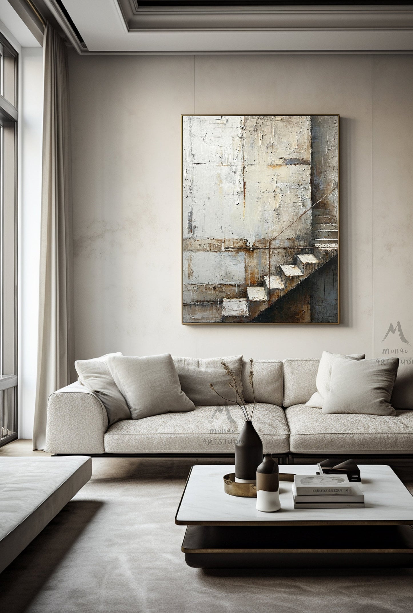 Boho Wall Art Gray Canvas Art Beige Abstract Painting Neutral Canvas Painting Wabi Sabi Wall Art Brown Abstract Art Beige Wall Art #Treppe-1