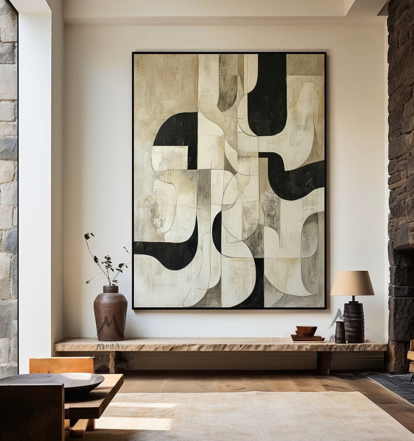 Beige Textured Canvas Painting Black Wall Art Beige Abstract Painting Beige Wabi Sabi Wall Art Large Black Minimalist Art Neutral Wall Decor