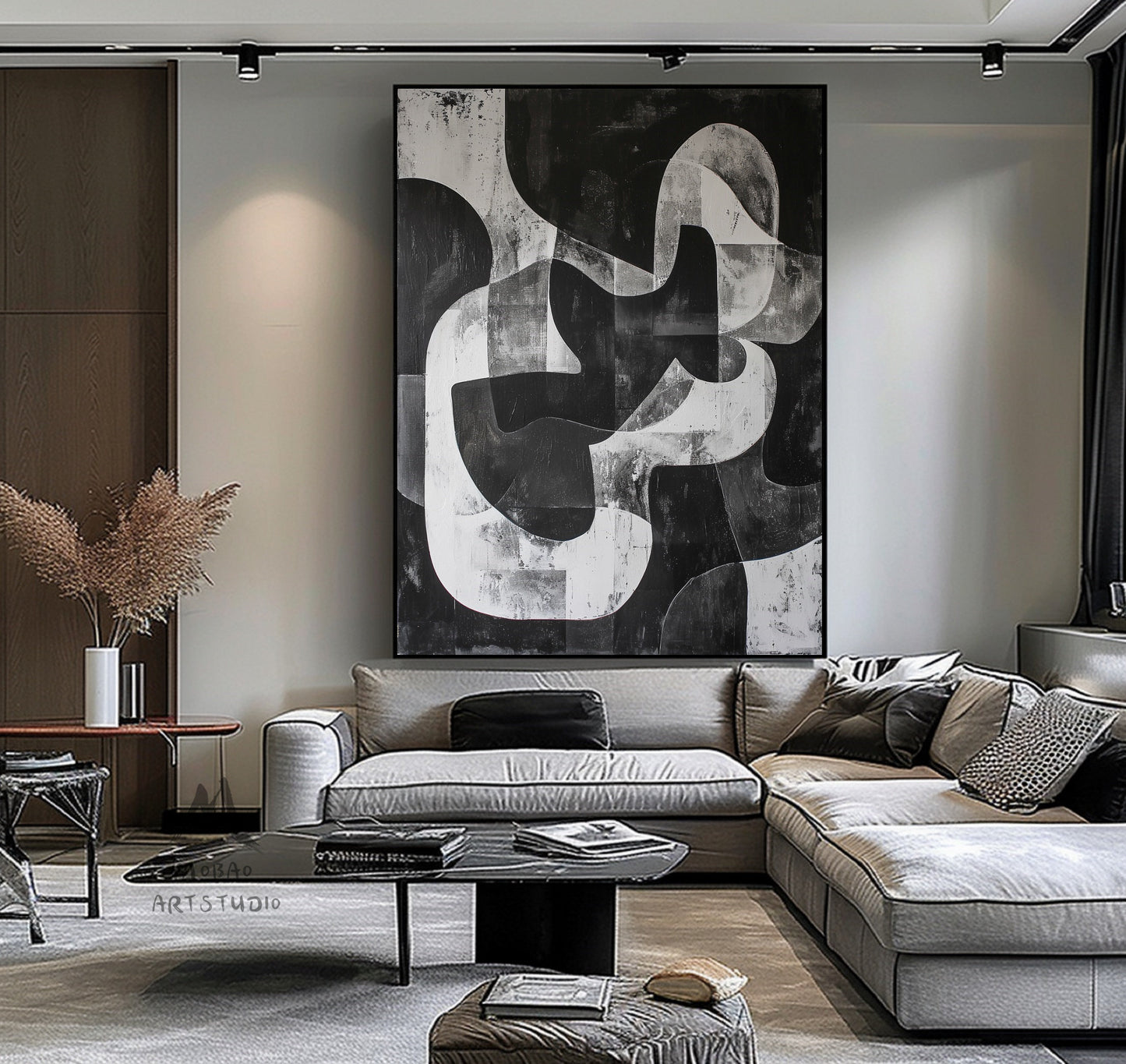 Large Black Wall Art Black And Gray Abstract Minimal Painting on Canvas Modern Textured Wall Art Contemporary Abstract Art for Living Room