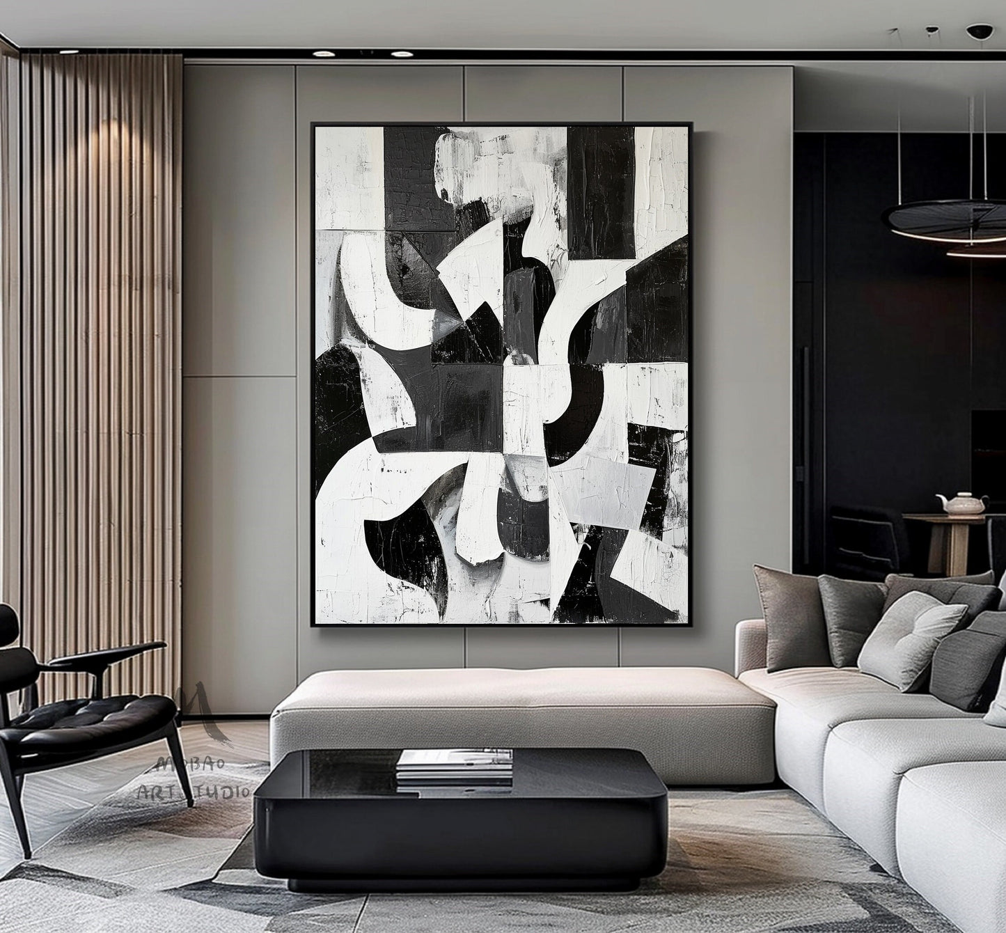 Large Black Wall Art Black And White Abstract Minimal Painting on Canvas Modern Textured Wall Art Contemporary Abstract Art for Living Room