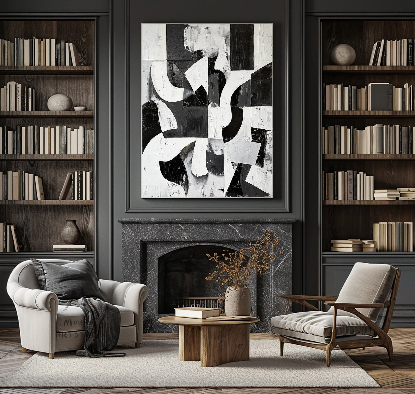 Large Black Wall Art Black And White Abstract Minimal Painting on Canvas Modern Textured Wall Art Contemporary Abstract Art for Living Room