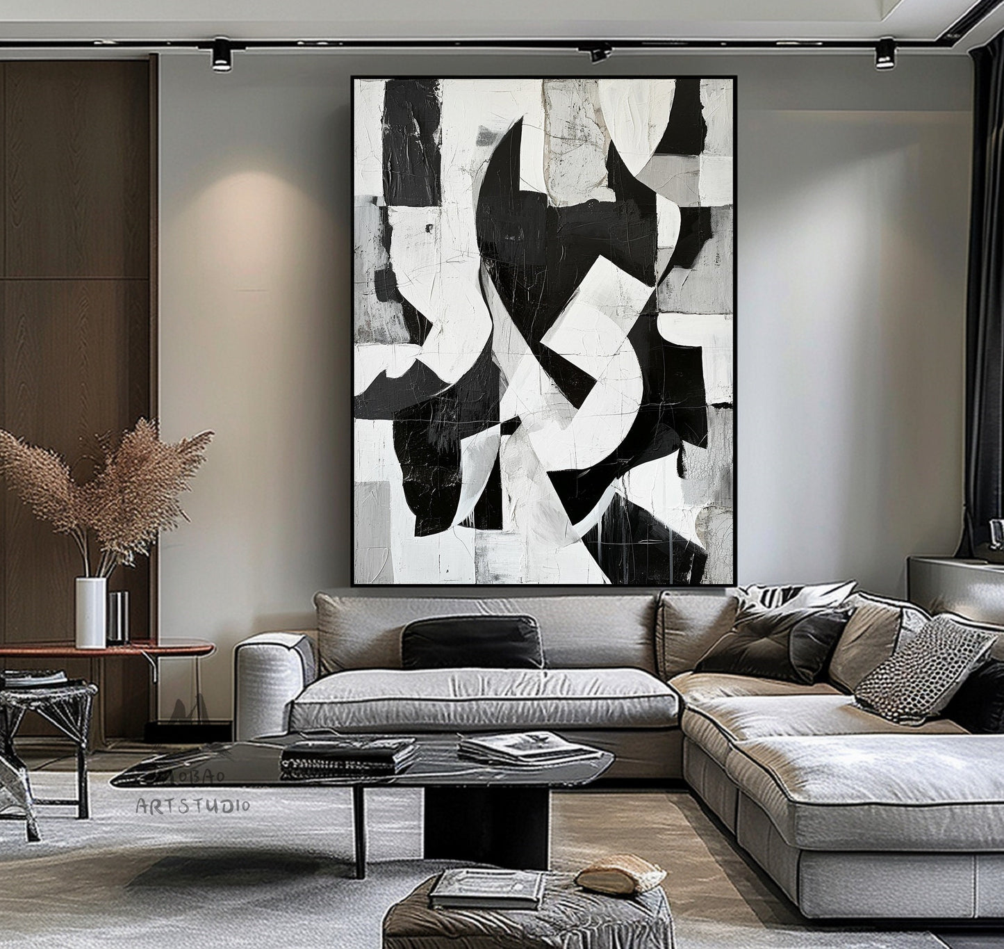 Black White Minimalist Painting Black and White Abstract Painting Boho Wall Art Abstract Painting Modern Wall Art Decor Original Canvas Art