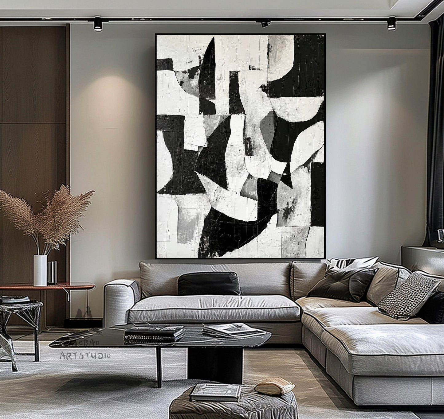 Black And White Abstract Minimal Painting on Canvas White Textured Wall Art Large Black Wall Art Contemporary Abstract Art for Living Room
