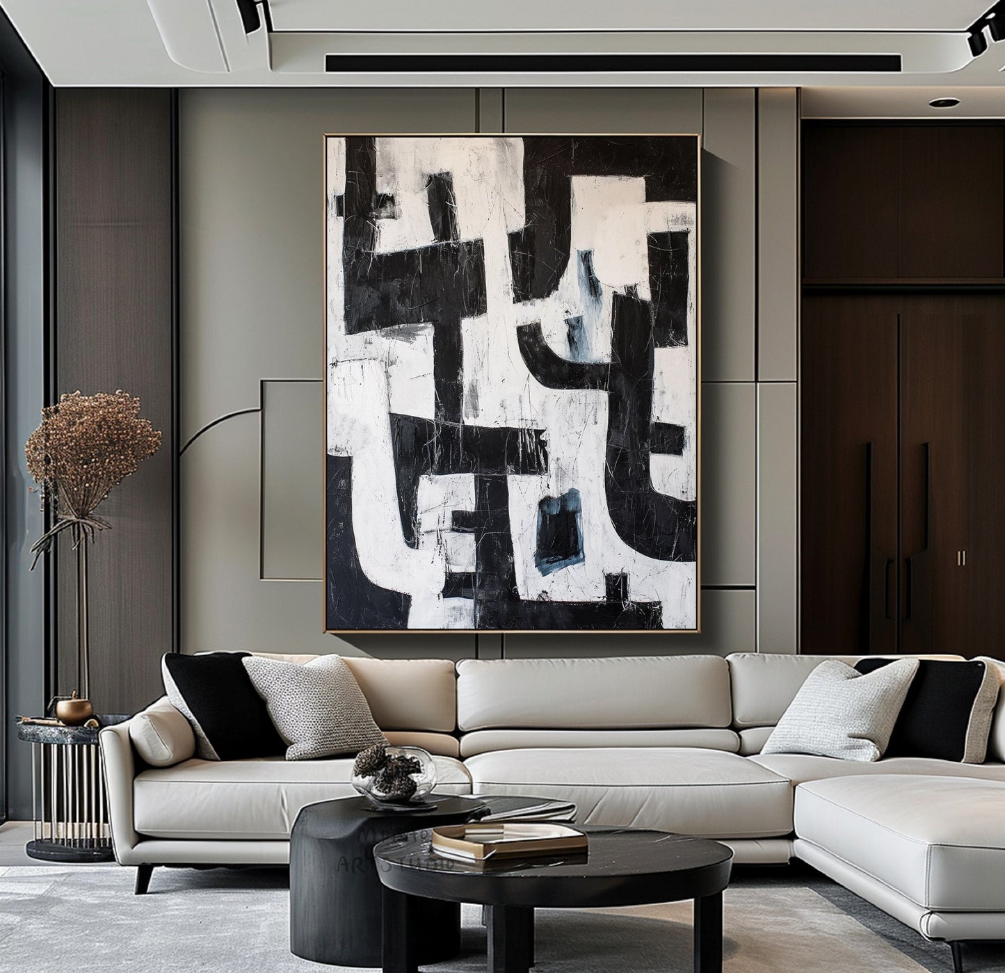 Black White Abstract Painting Black Wabi Sabi Wall Art Large Black Minimalist Wall Art Beige Textured Canvas Painting Black Wall Art Decor