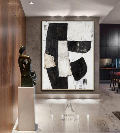 Black and white texture wall art, black minimalist painting, beige large wall painting, modern texture minimalist art painting, black wall decoration.