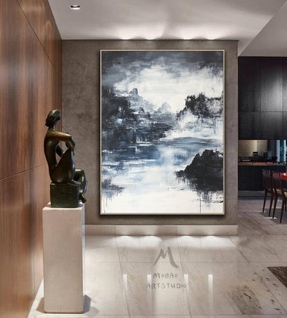 Large black 3D minimalist painting, white texture painting, black abstract painting, black 3D texture painting, white modern abstract painting