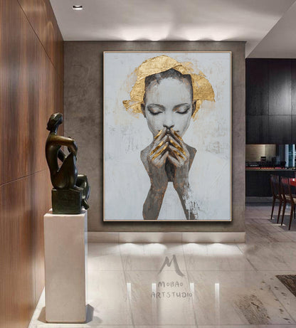 Large portrait large muscle bottom, white textured painting, black abstract painting, golden textured painting, white modern abstract painting. Golden abstract painting