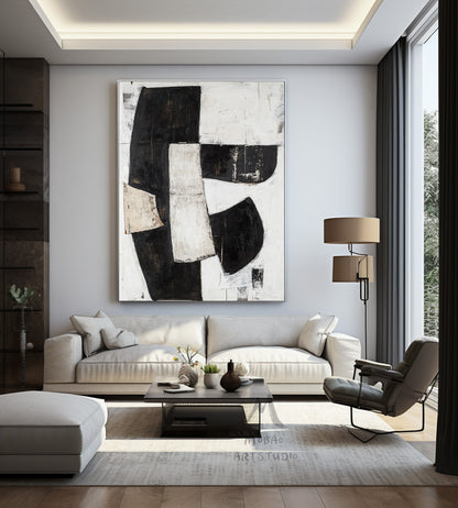 Black and white texture wall art, black minimalist painting, beige large wall painting, modern texture minimalist art painting, black wall decoration.