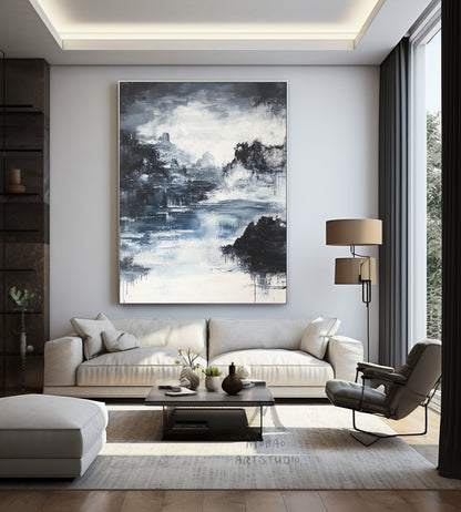 Large black 3D minimalist painting, white texture painting, black abstract painting, black 3D texture painting, white modern abstract painting