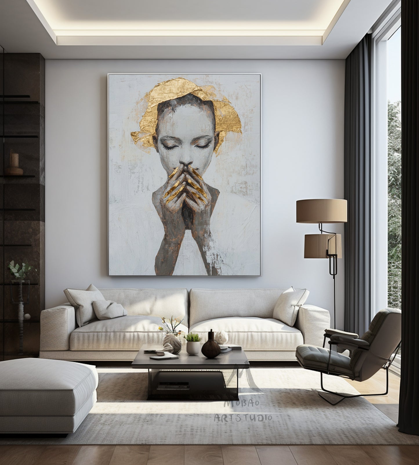 Large portrait large muscle bottom, white textured painting, black abstract painting, golden textured painting, white modern abstract painting. Golden abstract painting