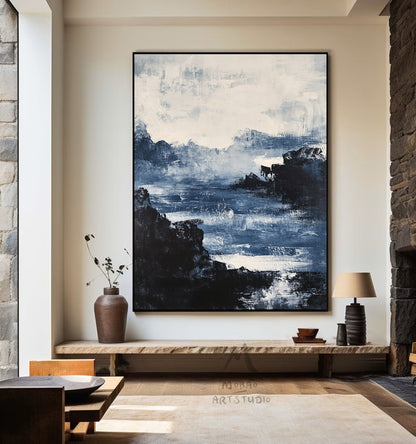 Large black 3D minimalist painting, white texture painting, blue painting, black 3D texture painting, white modern abstraction.