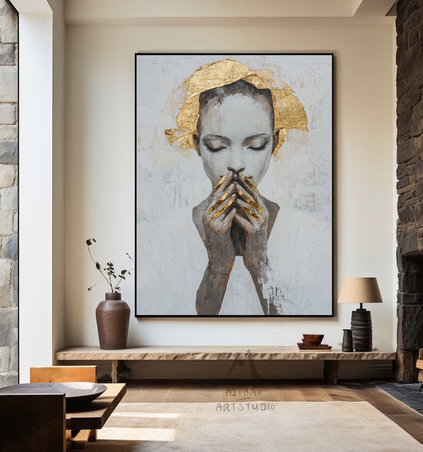 Large portrait large muscle bottom, white textured painting, black abstract painting, golden textured painting, white modern abstract painting. Golden abstract painting