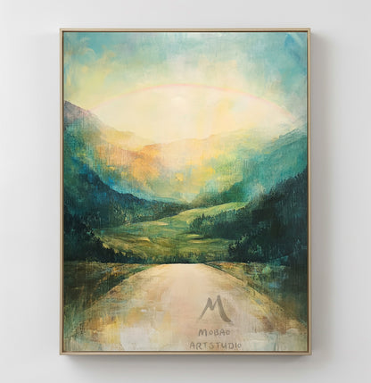 Green canvas painting, green abstract art, yellow minimalist painting, golden wall art, green canvas wall art, large green abstract painting