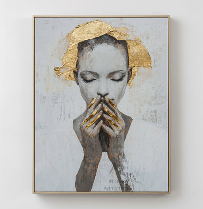 Large portrait large muscle bottom, white textured painting, black abstract painting, golden textured painting, white modern abstract painting. Golden abstract painting