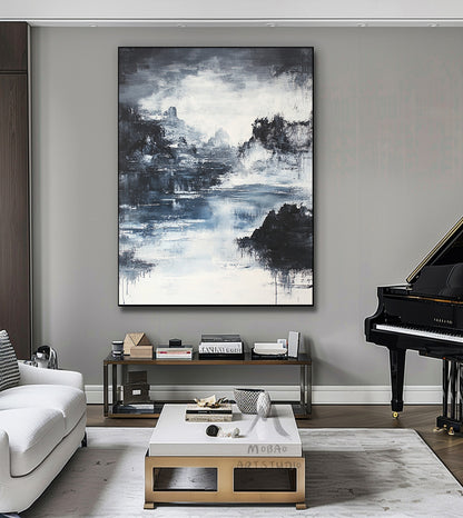 Large black 3D minimalist painting, white texture painting, black abstract painting, black 3D texture painting, white modern abstract painting