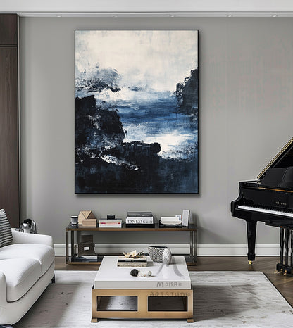 Large black 3D minimalist painting, white texture painting, blue painting, black 3D texture painting, white modern abstraction.
