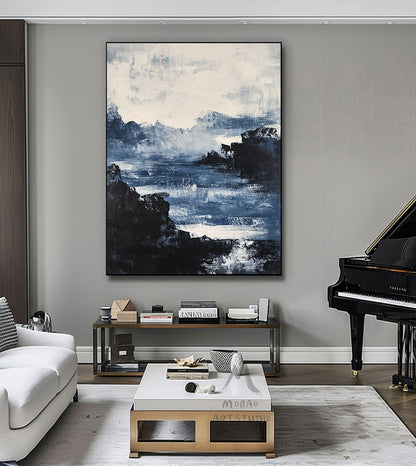 Large black 3D minimalist painting, white texture painting, blue painting, black 3D texture painting, white modern abstraction.