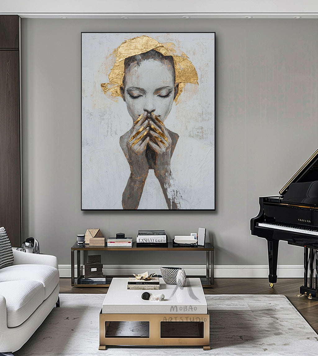 Large portrait large muscle bottom, white textured painting, black abstract painting, golden textured painting, white modern abstract painting. Golden abstract painting