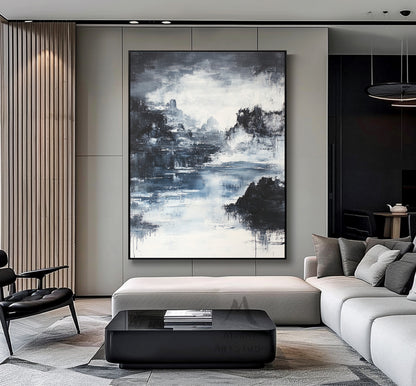 Large black 3D minimalist painting, white texture painting, black abstract painting, black 3D texture painting, white modern abstract painting