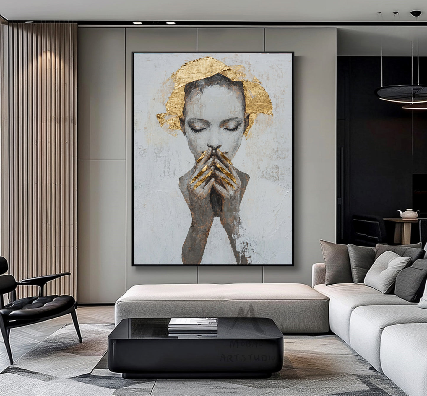 Large portrait large muscle bottom, white textured painting, black abstract painting, golden textured painting, white modern abstract painting. Golden abstract painting